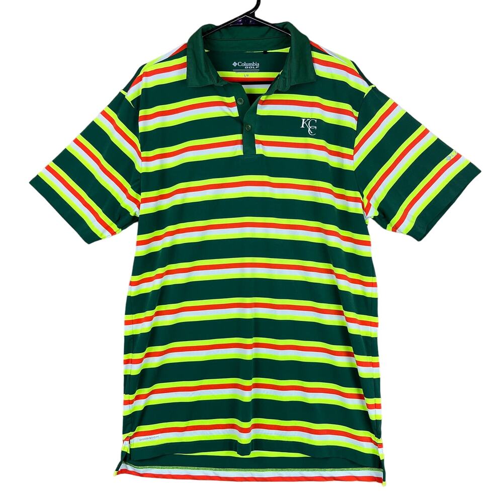 Columbia Mens Golf Polo Green Neon Stripe Short Sleeve Performance Stretch Large